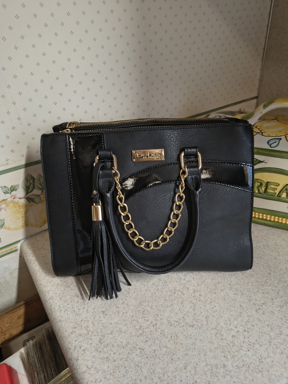 bebe Black Shoulder Bag with Gold Chain Trim